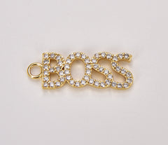 18K Gold Boss CZ Micro Pave Charm Pendant, Boss Charm, Boss Necklace, Gift For Boss, Charm Necklace, Cubic Zirconia, 29x10mm, CP1044