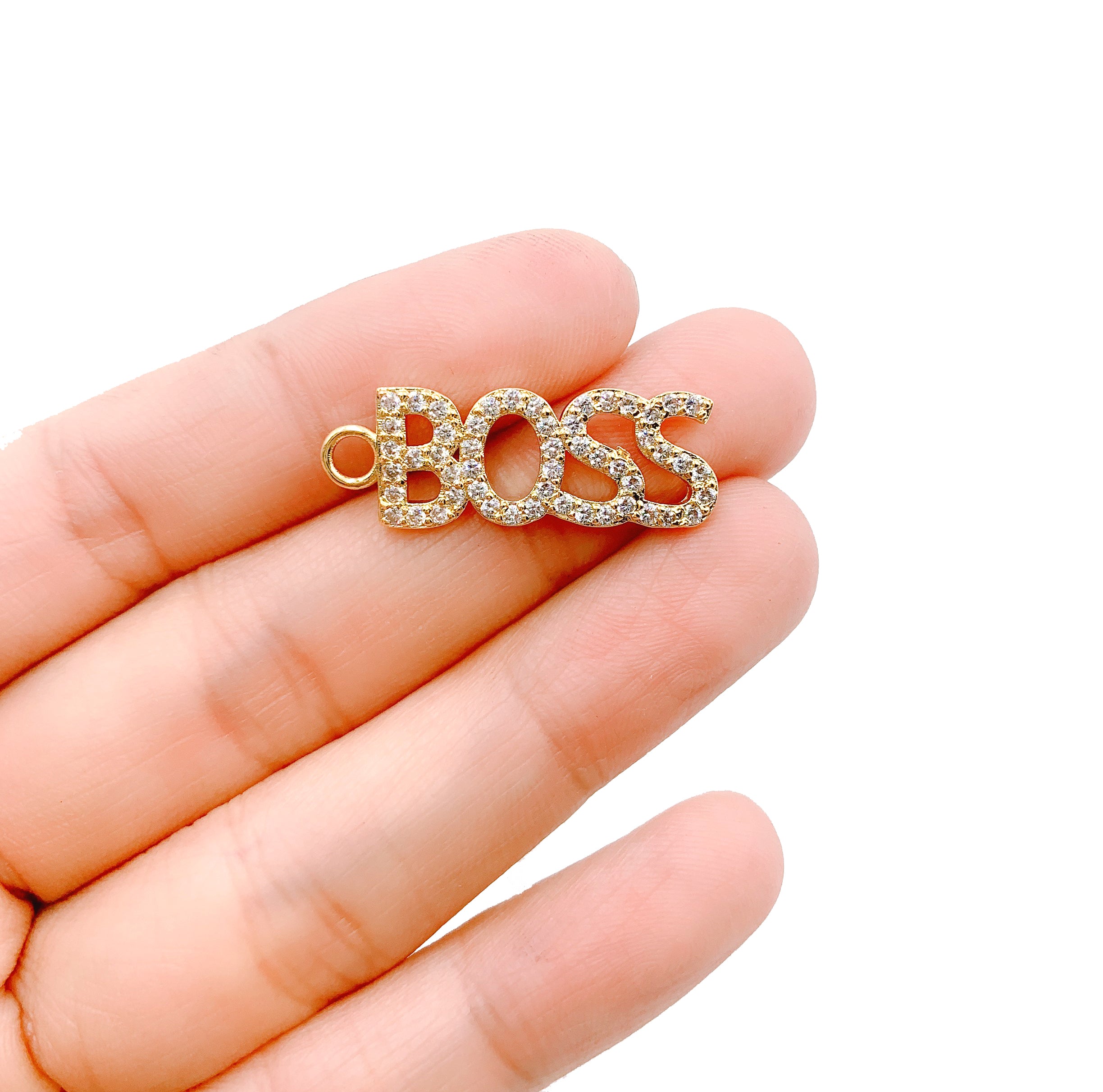 18K Gold Boss CZ Micro Pave Charm Pendant, Boss Charm, Boss Necklace, Gift For Boss, Charm Necklace, Cubic Zirconia, 29x10mm, CP1044