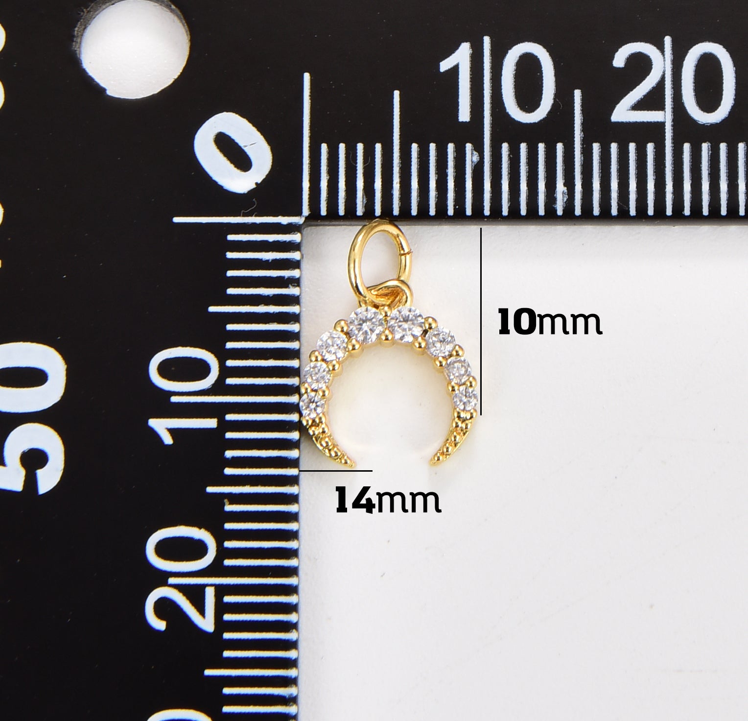 18K Gold Dainty Crescent Moon, CZ Micro Pave Moon Charm Pendant, Gold Crescent Moon Charm, CZ Pave Horn Findings, 14x10mm, CP1050