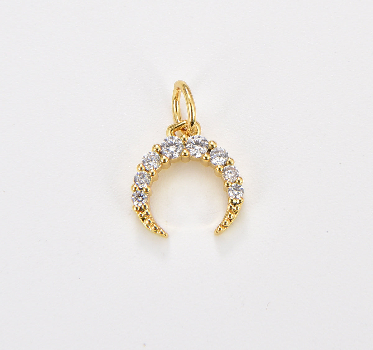 18K Gold Dainty Crescent Moon, CZ Micro Pave Moon Charm Pendant, Gold Crescent Moon Charm, CZ Pave Horn Findings, 14x10mm, CP1050