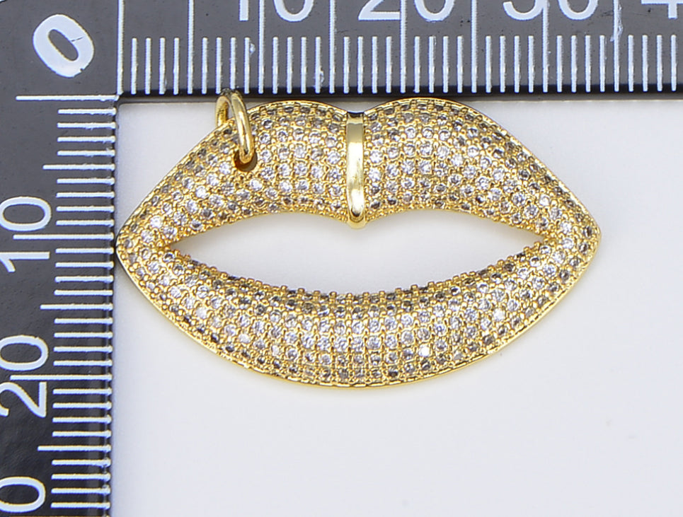 Lips CZ Micro Pave Charm Pendant, Lips Charm, Lips Pendant, Lips Necklace, Cubic Zirconia, Charm, Pendant, 34x21mm, CP1055