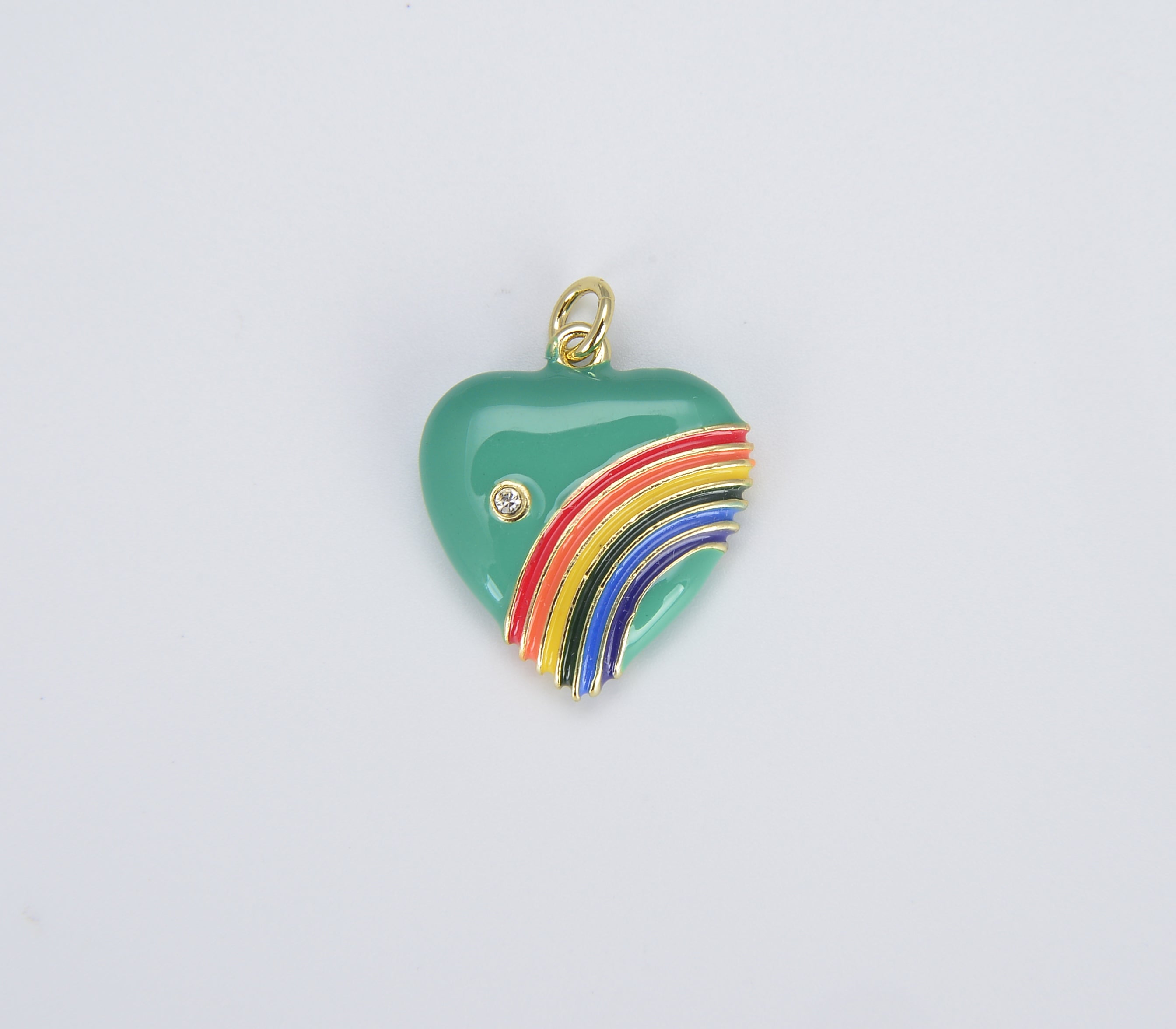 Rainbow Heart Charms in 18K Gold Enamel with Cubic Zirconia Crystal, Retro 1980’s Style Charm Vintage Heart Pendant, 20x18mm, CP1082