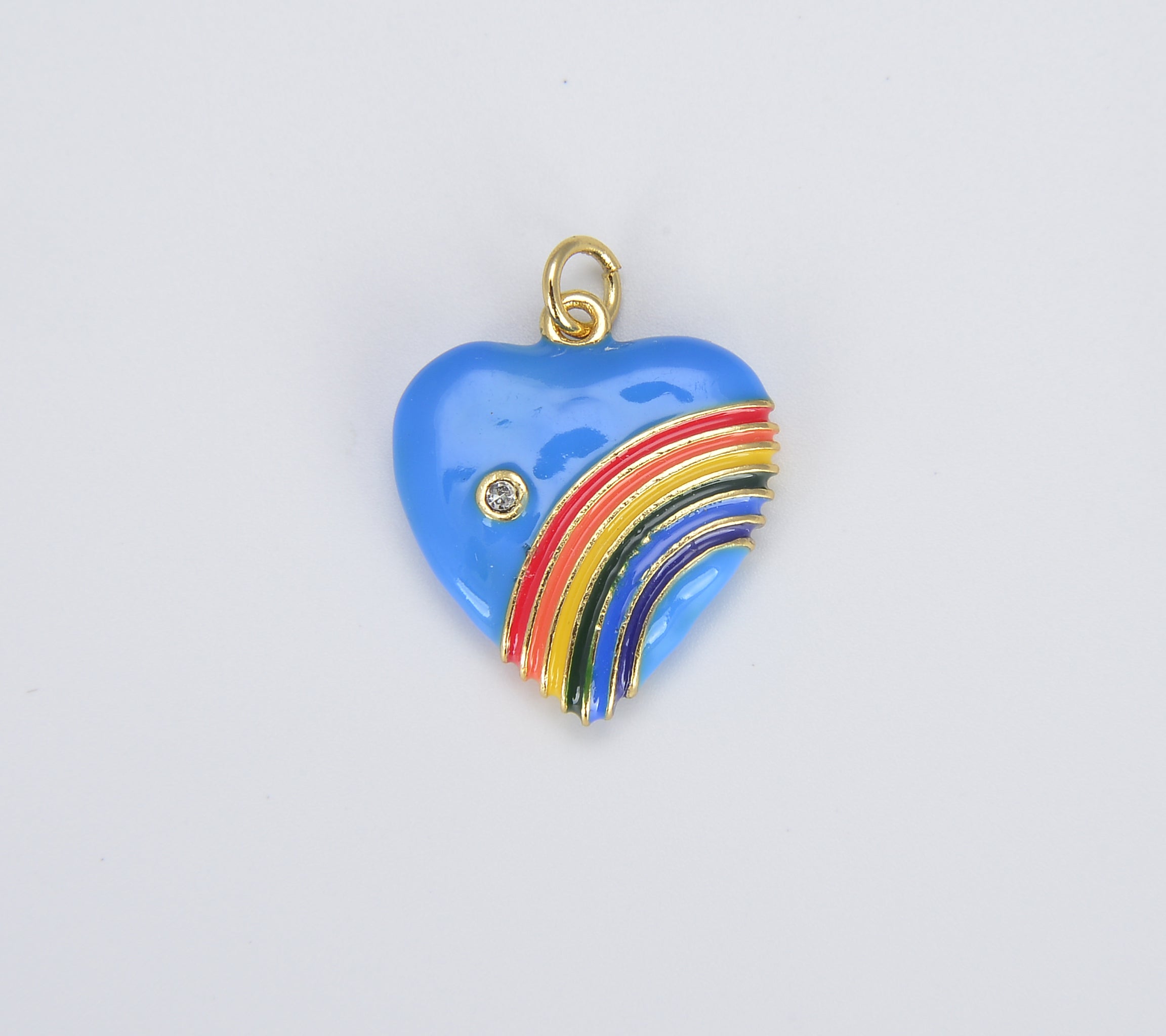 Rainbow Heart Charms in 18K Gold Enamel with Cubic Zirconia Crystal, Retro 1980’s Style Charm Vintage Heart Pendant, 20x18mm, CP1082