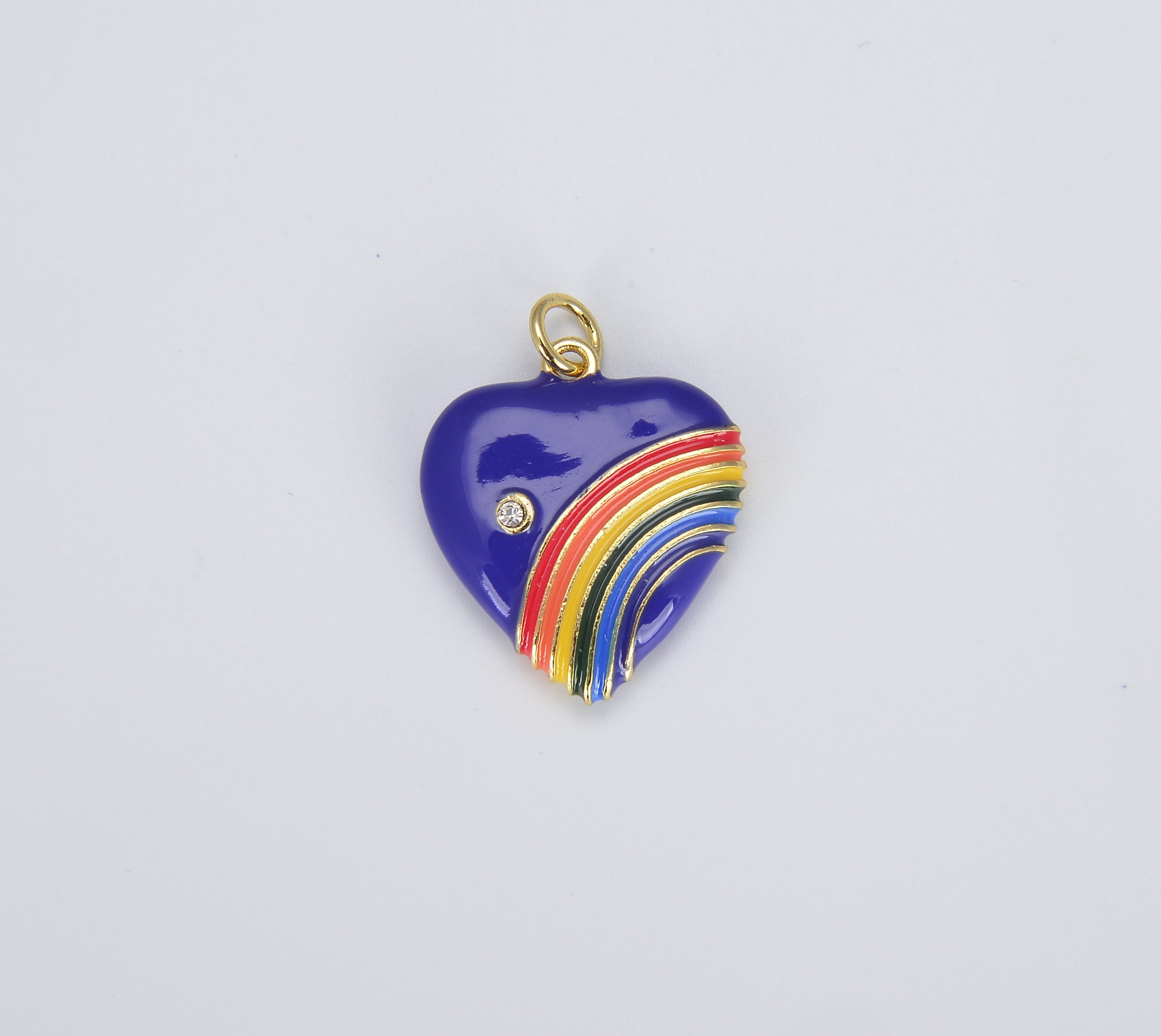 Rainbow Heart Charms in 18K Gold Enamel with Cubic Zirconia Crystal, Retro 1980’s Style Charm Vintage Heart Pendant, 20x18mm, CP1082