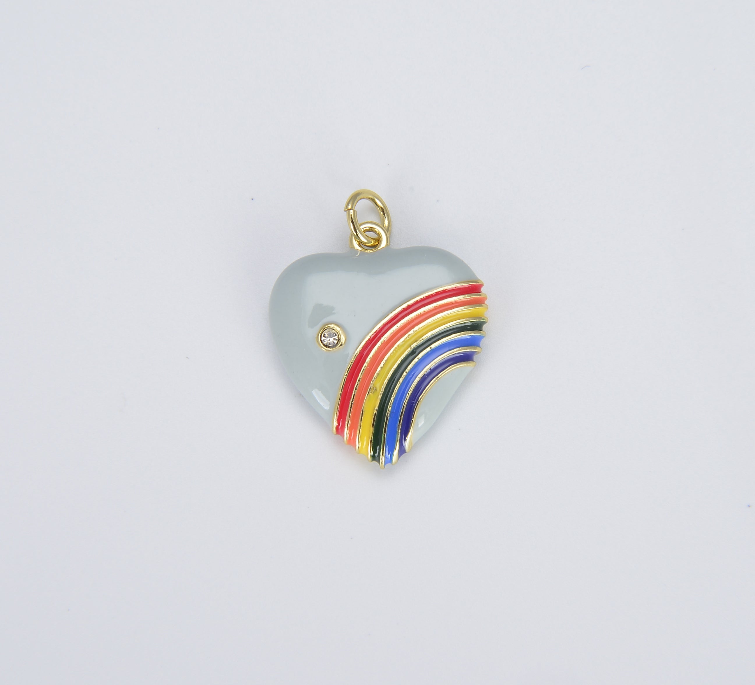 Rainbow Heart Charms in 18K Gold Enamel with Cubic Zirconia Crystal, Retro 1980’s Style Charm Vintage Heart Pendant, 20x18mm, CP1082