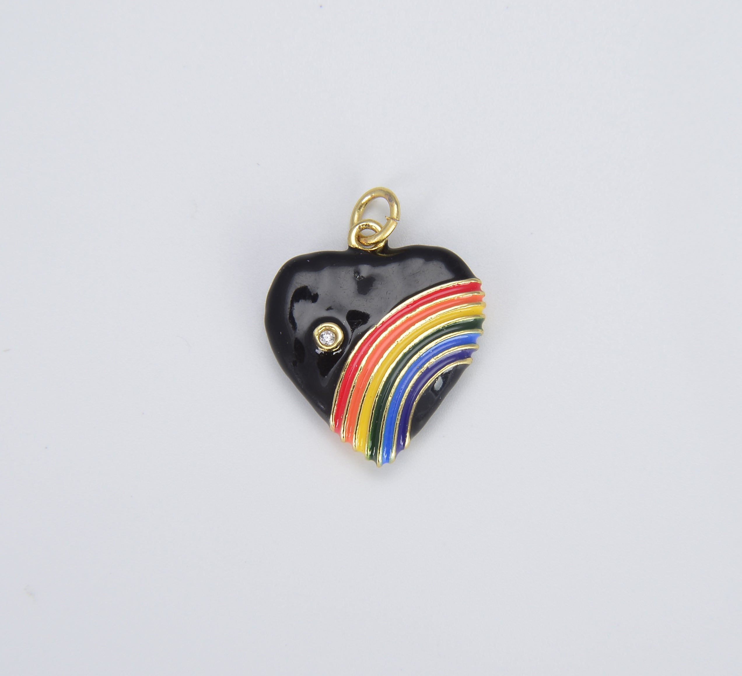 Rainbow Heart Charms in 18K Gold Enamel with Cubic Zirconia Crystal, Retro 1980’s Style Charm Vintage Heart Pendant, 20x18mm, CP1082