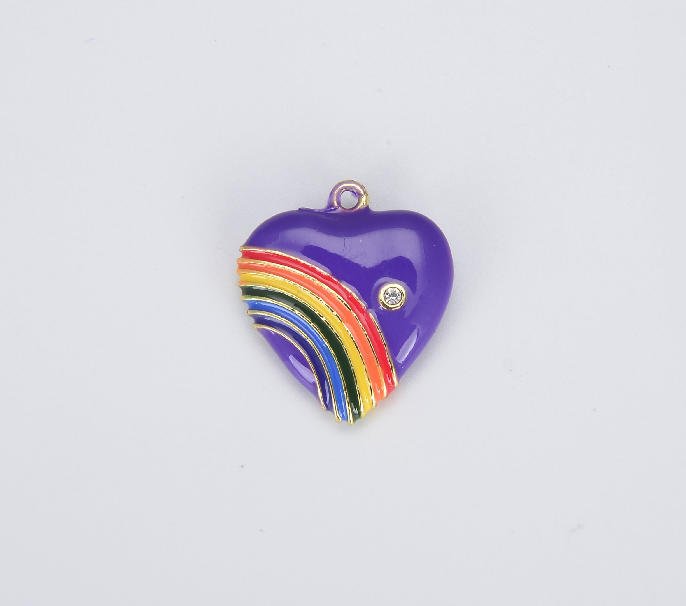 Rainbow Heart Charms in 18K Gold Enamel with Cubic Zirconia Crystal, Retro 1980’s Style Charm Vintage Heart Pendant, 20x18mm, CP1082