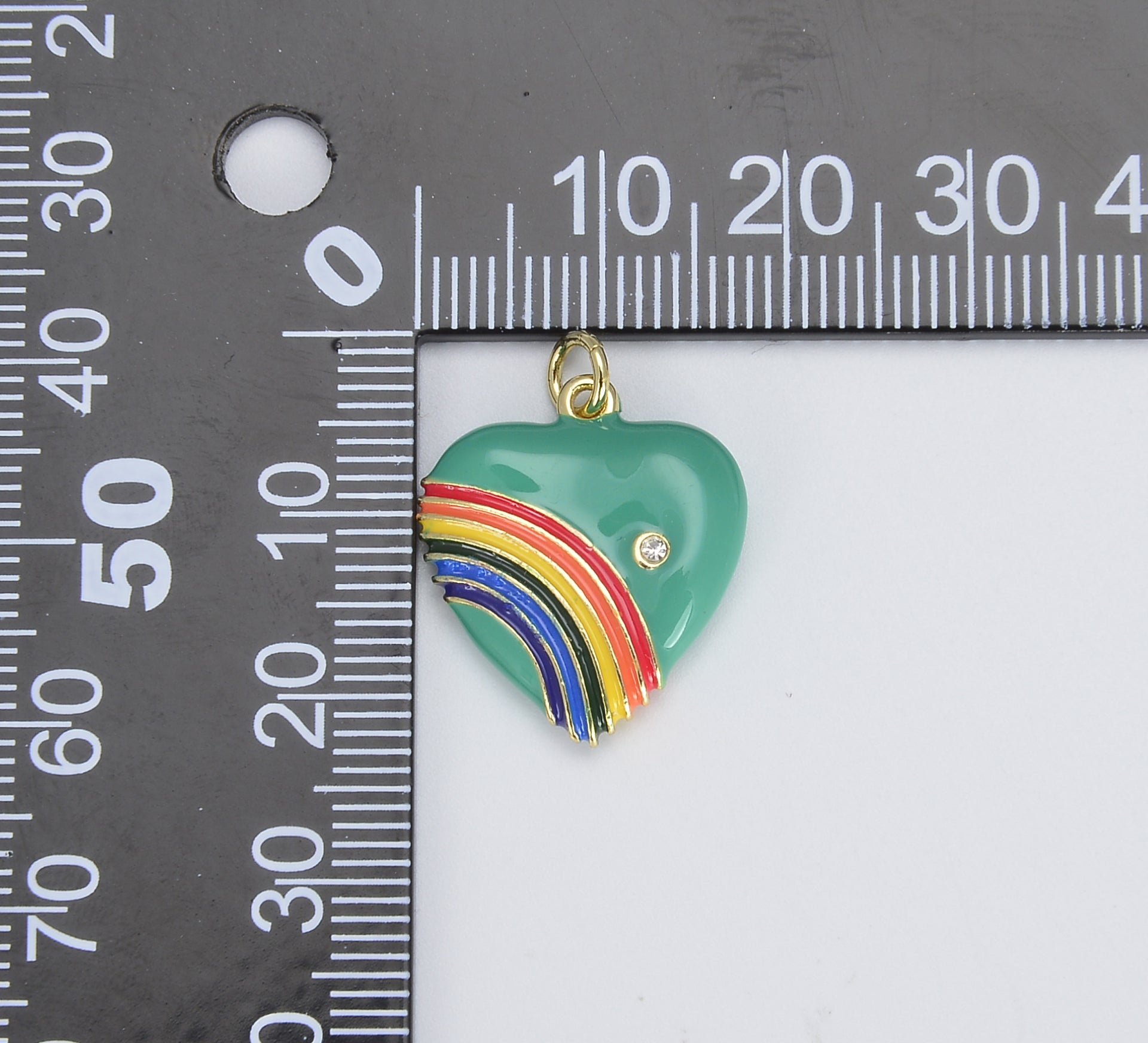 Rainbow Heart Charms in 18K Gold Enamel with Cubic Zirconia Crystal, Retro 1980’s Style Charm Vintage Heart Pendant, 20x18mm, CP1082