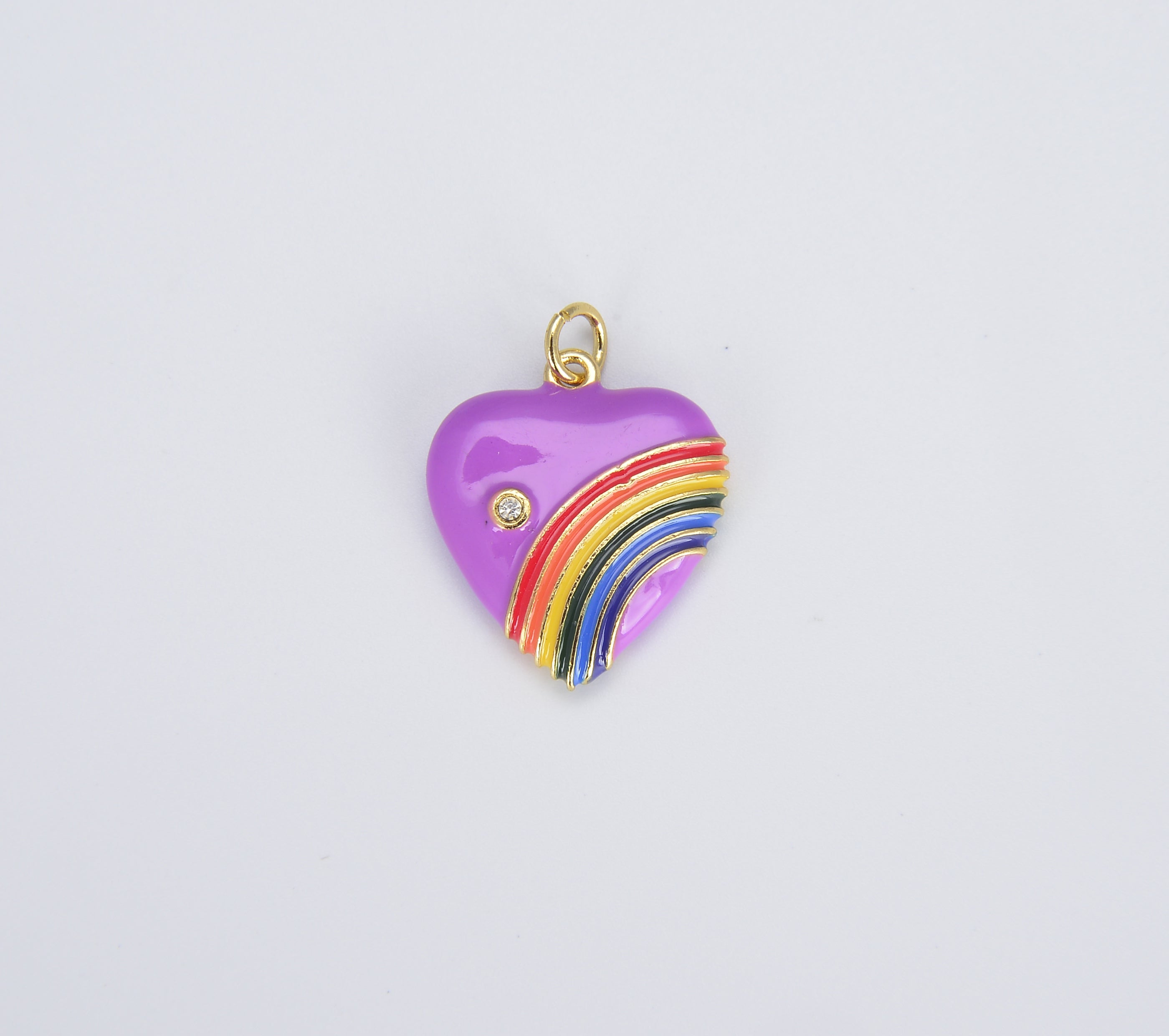 Rainbow Heart Charms in 18K Gold Enamel with Cubic Zirconia Crystal, Retro 1980’s Style Charm Vintage Heart Pendant, 20x18mm, CP1082