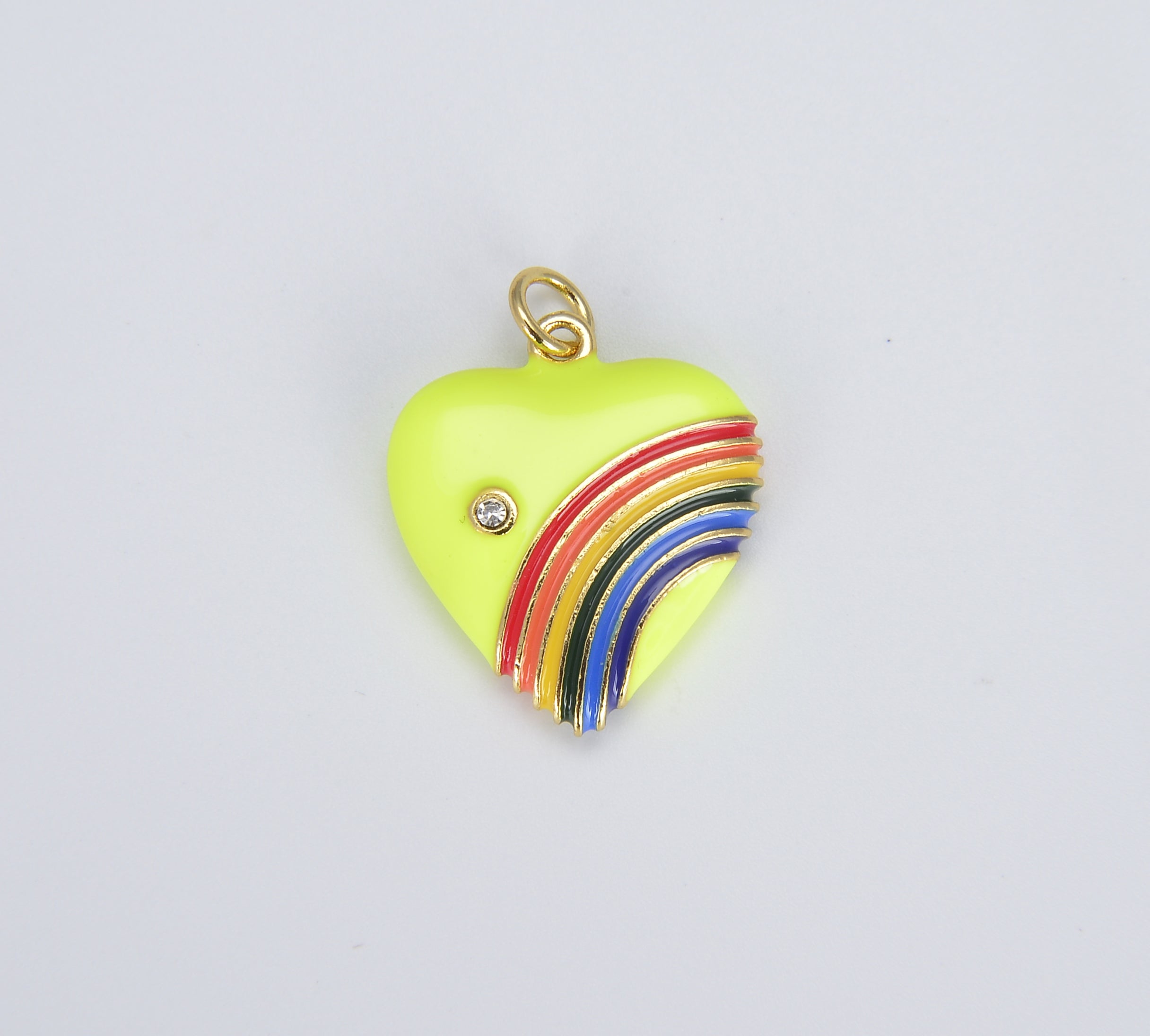 Rainbow Heart Charms in 18K Gold Enamel with Cubic Zirconia Crystal, Retro 1980’s Style Charm Vintage Heart Pendant, 20x18mm, CP1082