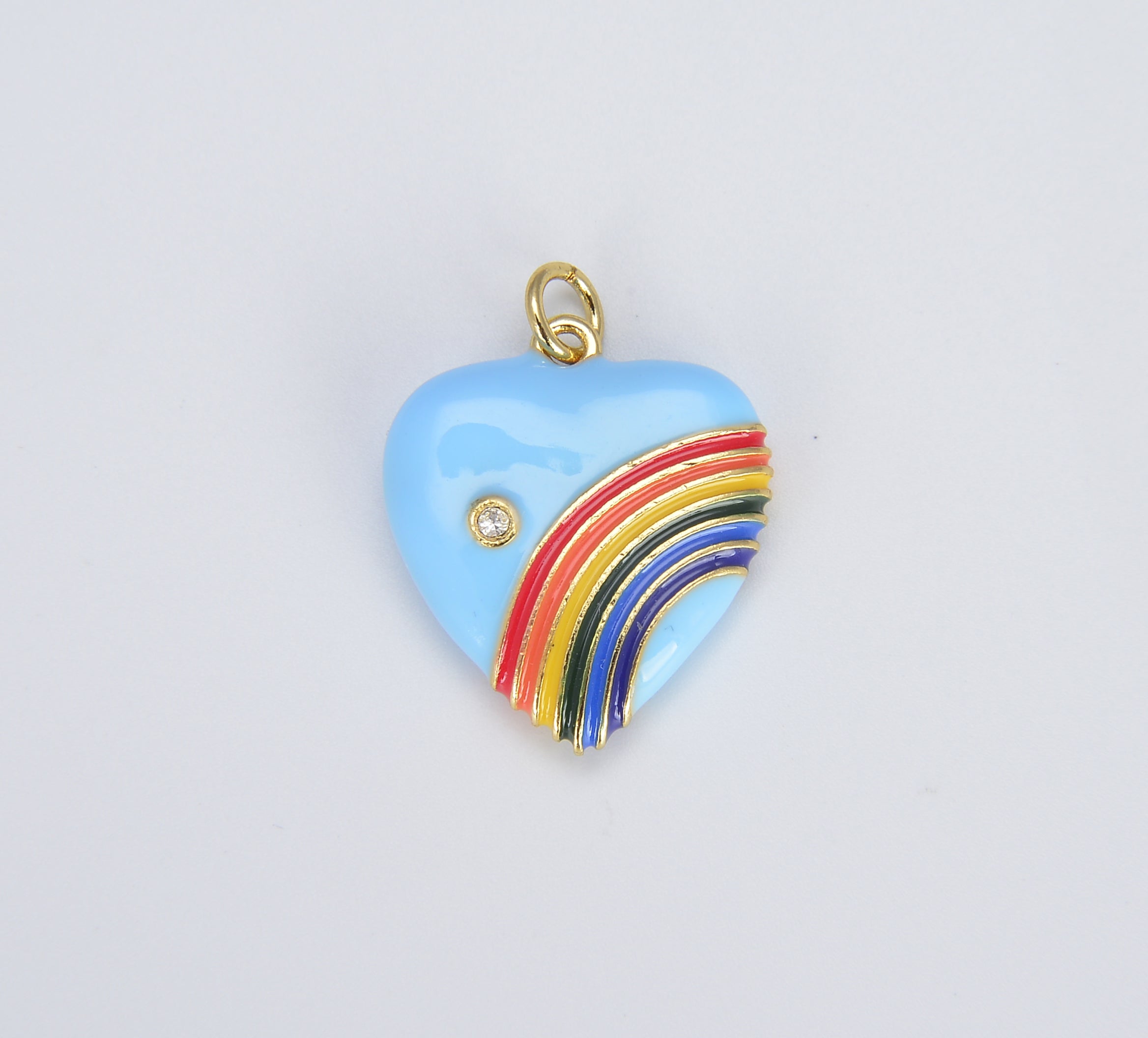 Rainbow Heart Charms in 18K Gold Enamel with Cubic Zirconia Crystal, Retro 1980’s Style Charm Vintage Heart Pendant, 20x18mm, CP1082