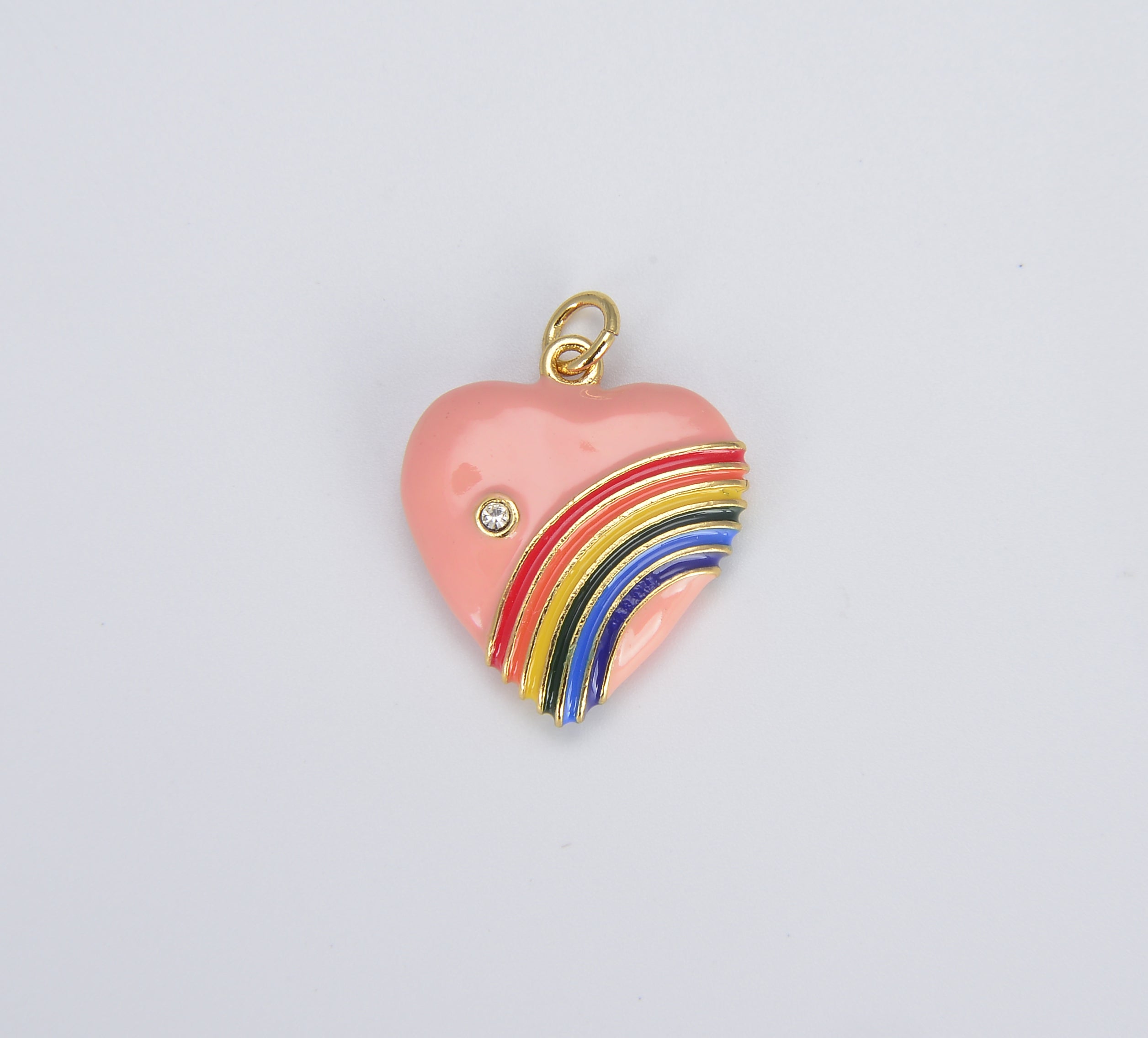 Rainbow Heart Charms in 18K Gold Enamel with Cubic Zirconia Crystal, Retro 1980’s Style Charm Vintage Heart Pendant, 20x18mm, CP1082