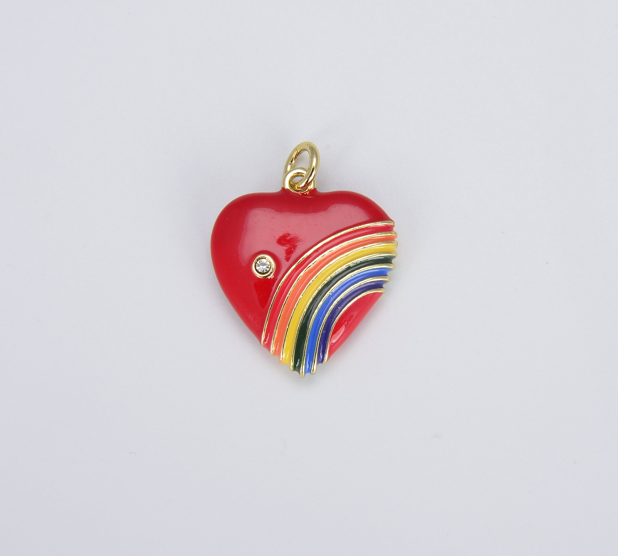 Rainbow Heart Charms in 18K Gold Enamel with Cubic Zirconia Crystal, Retro 1980’s Style Charm Vintage Heart Pendant, 20x18mm, CP1082