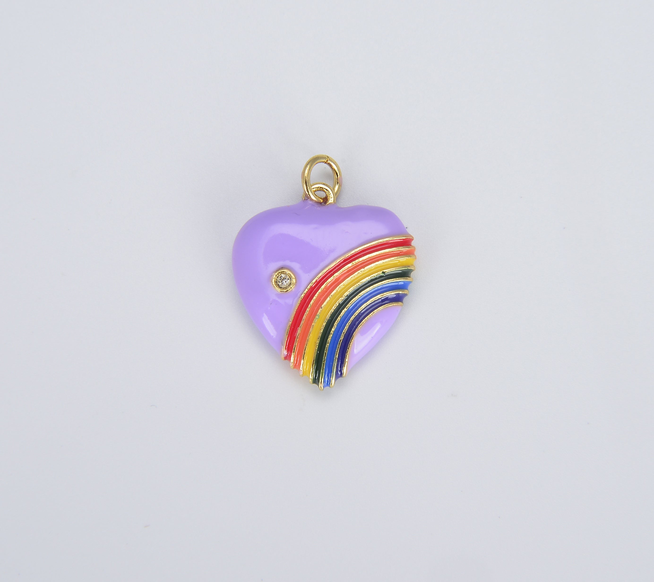 Rainbow Heart Charms in 18K Gold Enamel with Cubic Zirconia Crystal, Retro 1980’s Style Charm Vintage Heart Pendant, 20x18mm, CP1082