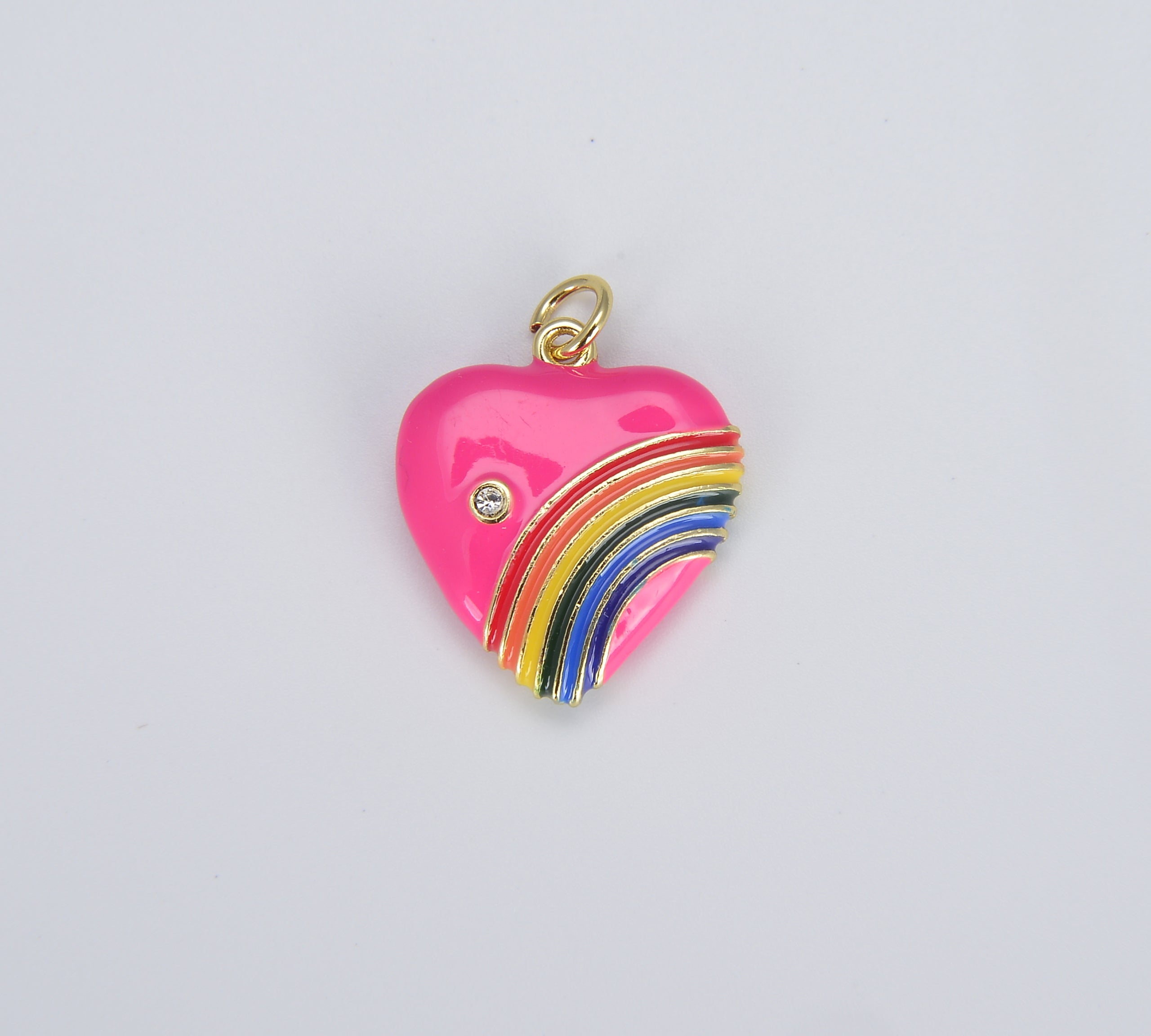 Rainbow Heart Charms in 18K Gold Enamel with Cubic Zirconia Crystal, Retro 1980’s Style Charm Vintage Heart Pendant, 20x18mm, CP1082