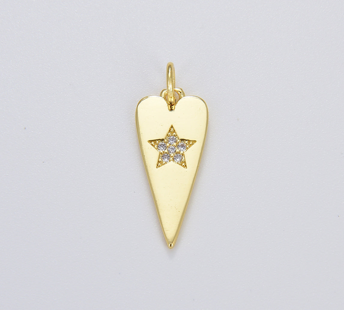 18K Gold Heart with Star Charm Pendant, CZ Micro Pave Arrowhead Pendant, Star Charm, Star Pendant, Cubic Zirconia, 20x9mm, CP1083