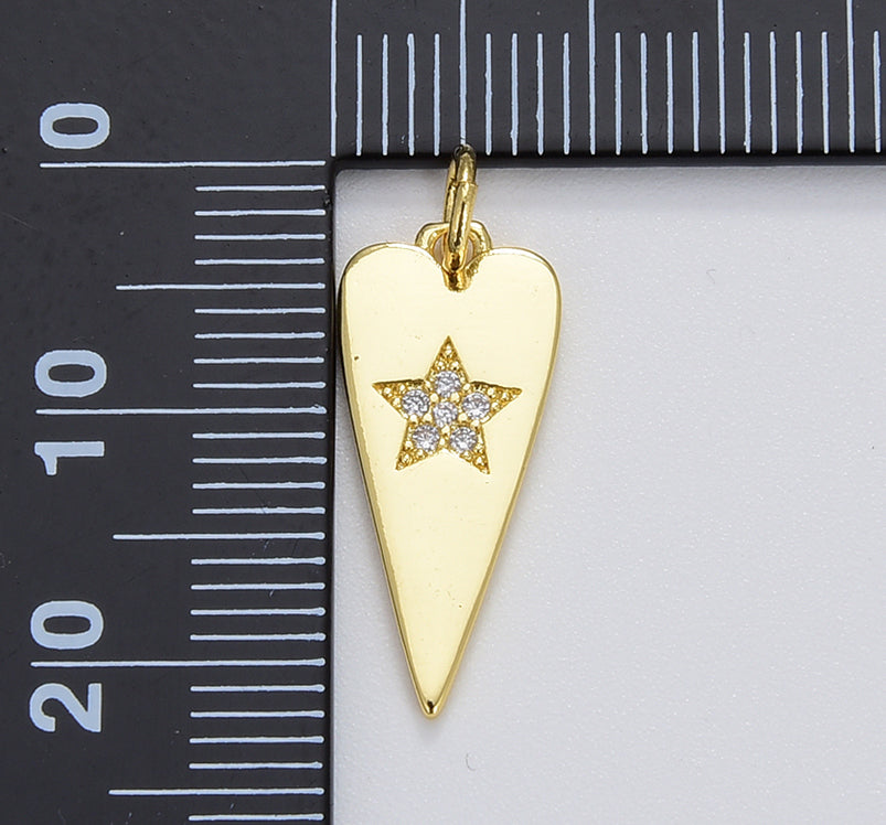 18K Gold Heart with Star Charm Pendant, CZ Micro Pave Arrowhead Pendant, Star Charm, Star Pendant, Cubic Zirconia, 20x9mm, CP1083