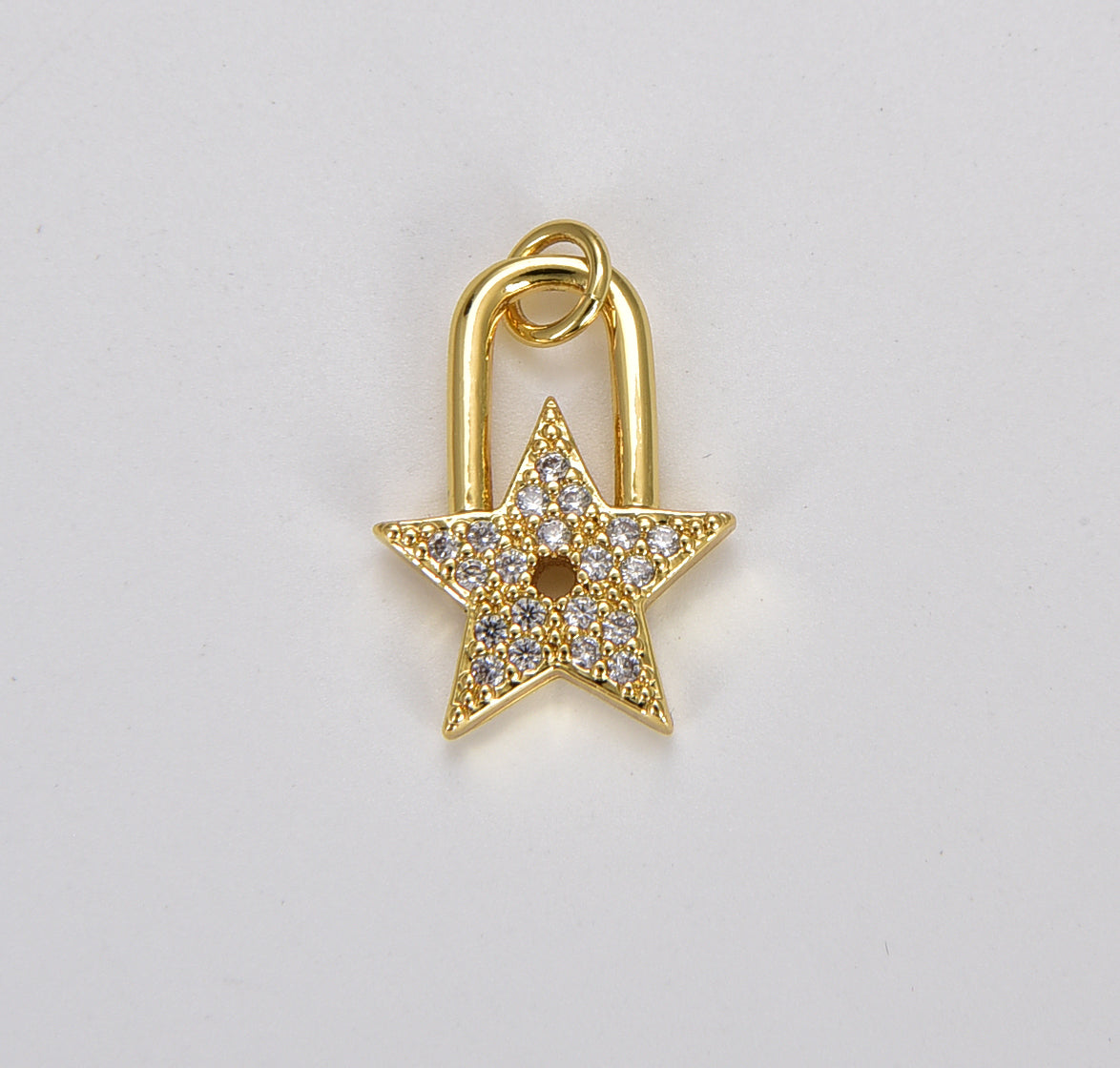 Star Safefty Pin Charm Pendant, CZ Micro Pave Star Safety Pin Pendant, Safety Pin Charm, Star Charm, Cubic Zirconia, 19x13mm, CP1106