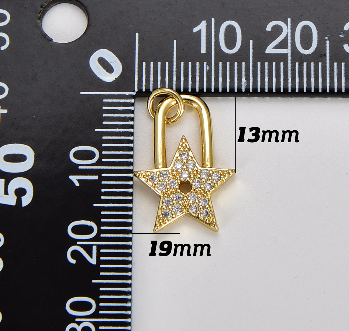 Star Safefty Pin Charm Pendant, CZ Micro Pave Star Safety Pin Pendant, Safety Pin Charm, Star Charm, Cubic Zirconia, 19x13mm, CP1106