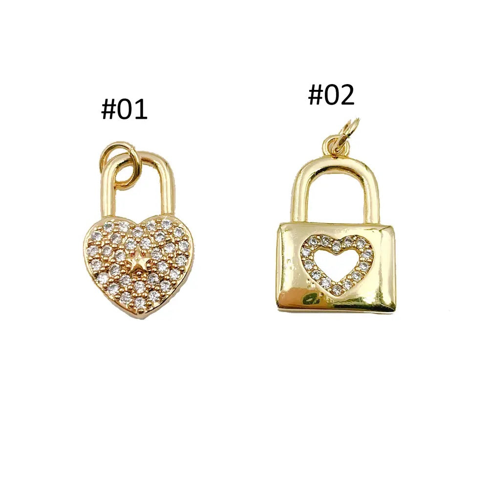 18K Gold Micro Pave Heart Lock Pendant, Cubic Padlock Charms Lock Bracelet Necklace Earring Charms Earrings Supplies, 17x11mm, CP1108