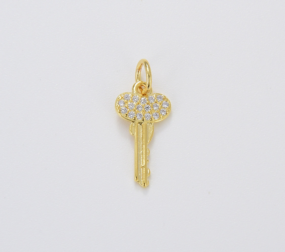 18K Gold Key Charm Pendant, Micro Pave CZ Charm, Gold Pendant Dainty Cubic Key Necklace Charm for Jewelry Making, 15x8mm, CP1112