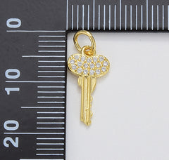 18K Gold Key Charm Pendant, Micro Pave CZ Charm, Gold Pendant Dainty Cubic Key Necklace Charm for Jewelry Making, 15x8mm, CP1112