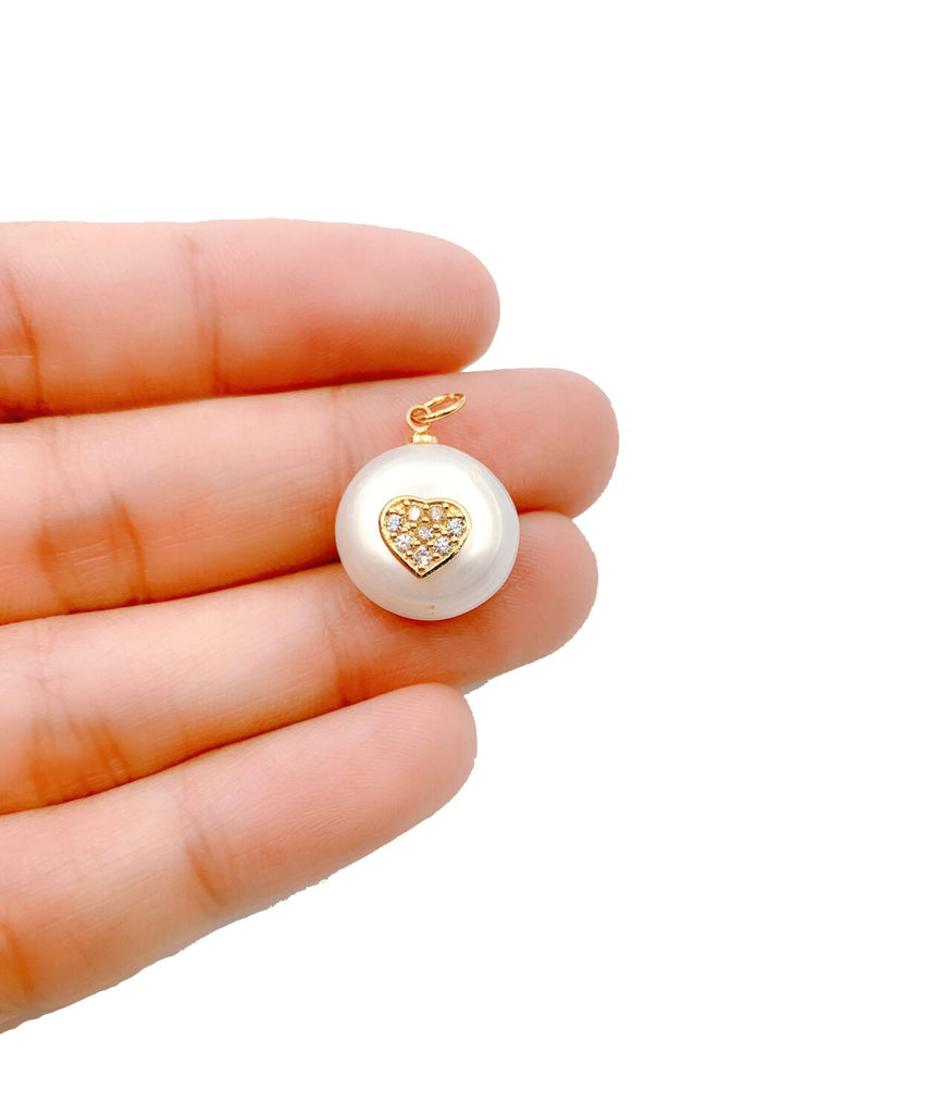 24K Gold Filled Freshwater Pearl Heart Charm Pendant, CZ Micro Pave Heart Pendant, Heart Charm, Heart Necklace, Cubic Zirconia, 15mm, CP1128