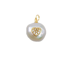 24K Gold Filled Freshwater Pearl Heart Charm Pendant, CZ Micro Pave Heart Pendant, Heart Charm, Heart Necklace, Cubic Zirconia, 15mm, CP1128