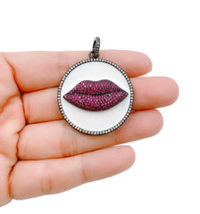 Enamel Hot Lips Charm, CZ Micro Pave Lips Pendant, Enamel Lips Charm, Mouth Charm, Cubic Zirconia, Lips Charm, 35x9mm, CP1168