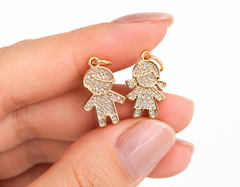 Gold Filled Boy and Girl Couple Charm Pendant, CZ Pave Kids Charm for Necklace Bracelet DIY Jewelry Making Supplies Cute Family Gift, CP1181