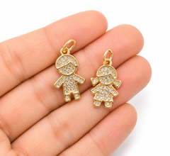 Gold Filled Boy and Girl Couple Charm Pendant, CZ Pave Kids Charm for Necklace Bracelet DIY Jewelry Making Supplies Cute Family Gift, CP1181