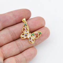 24K Gold Filled Butterfly Charm, CZ Micro Pave Butterfly Pendant, Dainty Charms, Necklace/Bracelet Charms, Cubic Zirconia, 28mm, CP1187A