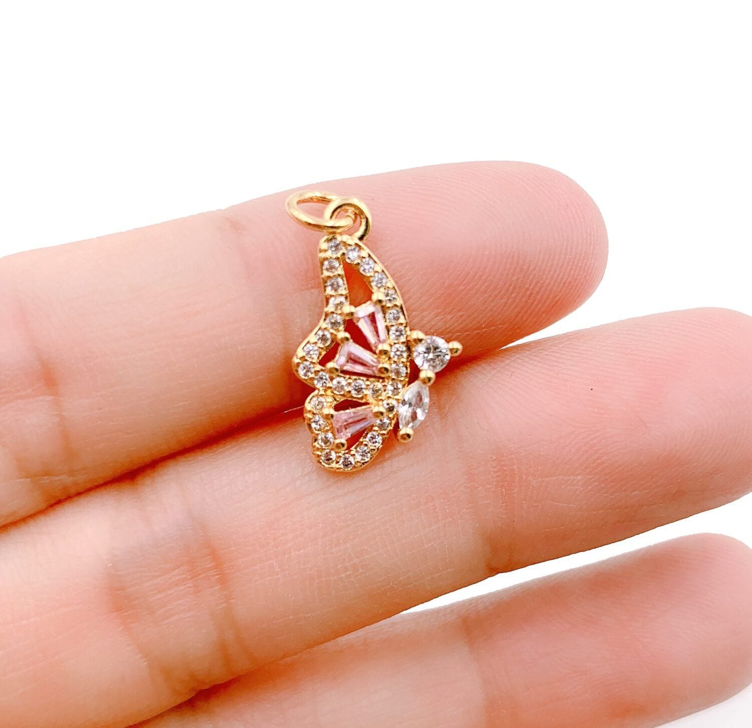 24K Gold Filled Pink Mariposa Butterfly Charm Micro Pave CZ Butterfly Charm Cubic Pendant for Necklace Component Real Gold Plated Tarnish Free, CP1202