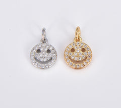 Smiley Face Emoji Charm Bracelet Earring Necklace 18K Gold Micro Pave Charm Dainty Smile Coin Happy Smile Pendant Gold, 10x9mm CP1210