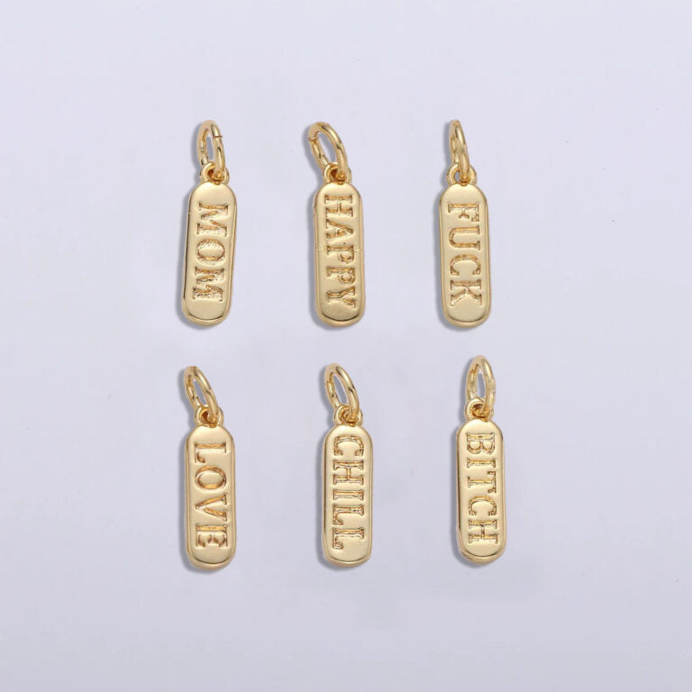 18K Gold Filled Dainty Mom Love Happy Fuck Words Pill Bar Charm Pendant, CP1224