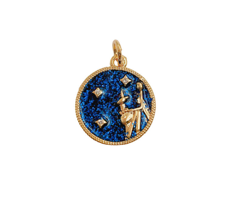 18K Gold Filled Dainty Zodiac Horoscope Sign Medallion Pendant Sparkle Astro Coin for Necklace Bracelet Jewelry Making Supply, CP1256