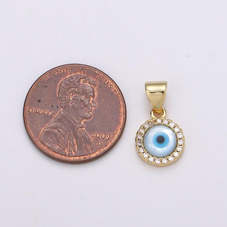 14K Gold Filled Enamel Gold Evil Eye Charm, Evil Eye Cubic Zirconia Pendant, Amulet Jewelry, Good Luck Eye Charm, Blue Evil Eye Charm, 9mm CP1259