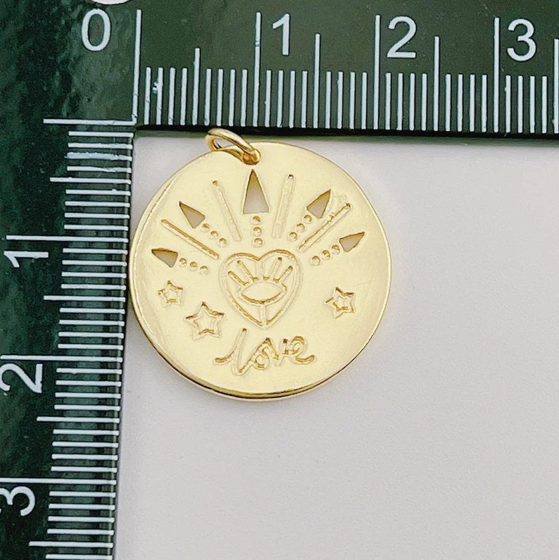 14K Gold Filled Love Charm, Love Medallion, Coin Disc Charm, Gold Evil Eye Pendant for Necklace Bracelet Earring Jewelry Making, CP1269