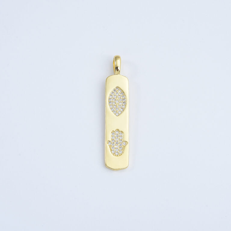 14K Gold Filled Micro Pave Evil Eye, Hamsa Rectangle Tag, Drop Pendant Long Charm for Necklace Component, CP1270B