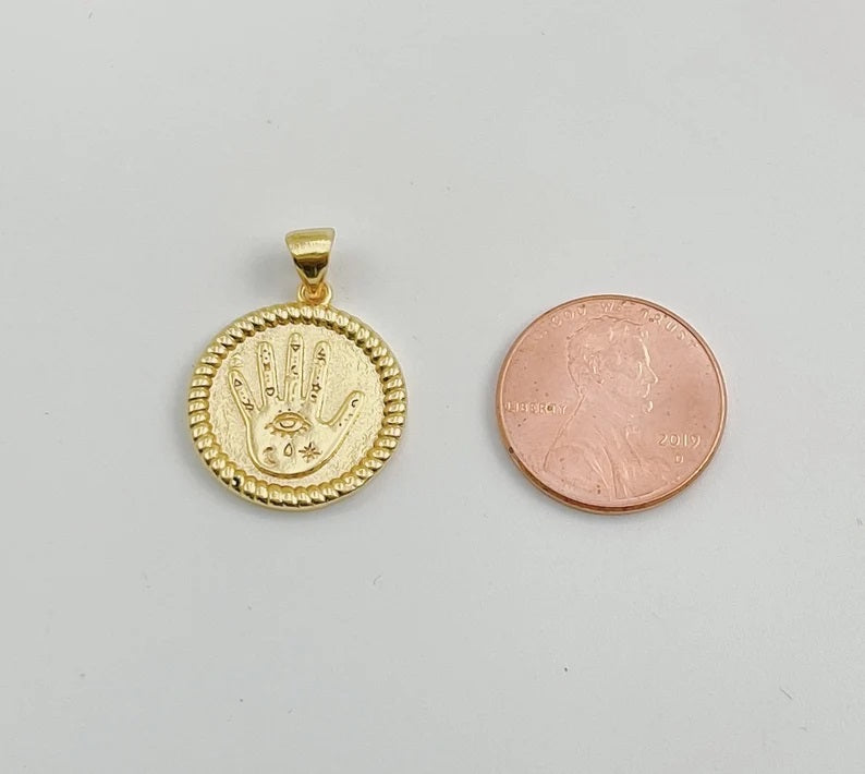 14K Gold Filled Round Hamsa Hand Coin Medallion Pendant Charm, Amulet Round Circle Pendant, Protection Evil Eye, 18mm, CP1271