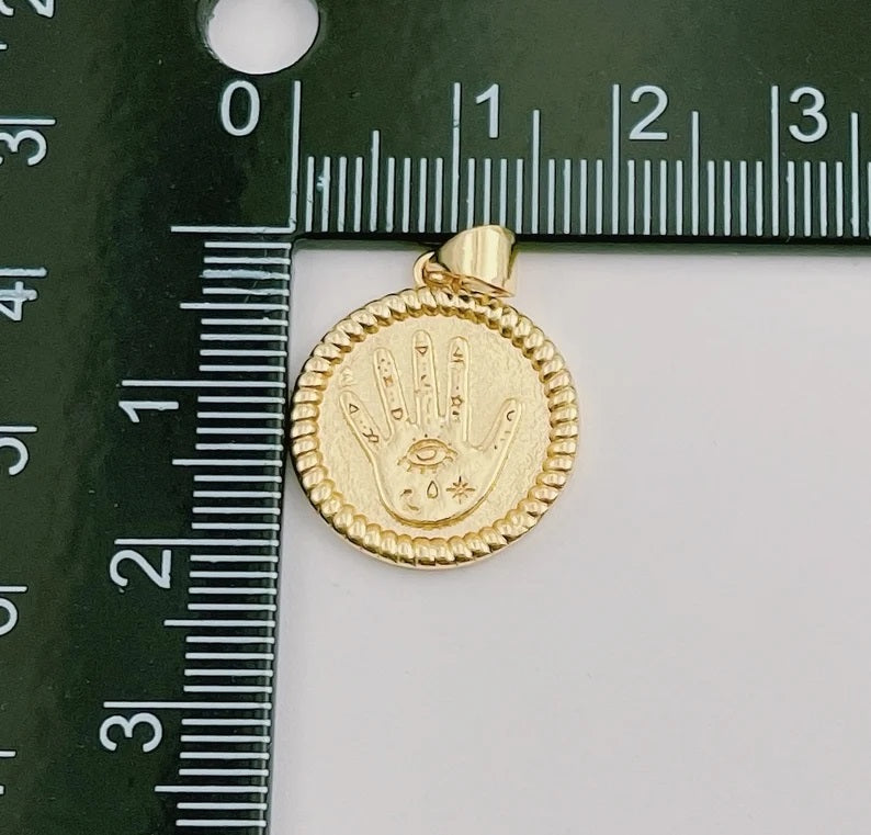 14K Gold Filled Round Hamsa Hand Coin Medallion Pendant Charm, Amulet Round Circle Pendant, Protection Evil Eye, 18mm, CP1271