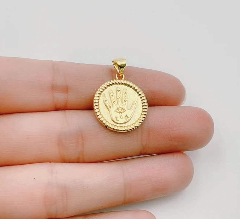 14K Gold Filled Round Hamsa Hand Coin Medallion Pendant Charm, Amulet Round Circle Pendant, Protection Evil Eye, 18mm, CP1271