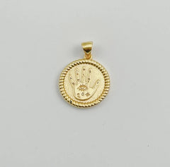 14K Gold Filled Round Hamsa Hand Coin Medallion Pendant Charm, Amulet Round Circle Pendant, Protection Evil Eye, 18mm, CP1271