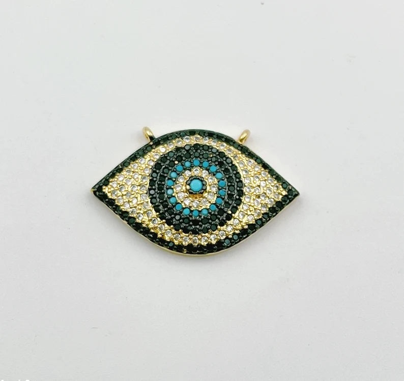 14K Gold Filled Micro Pave Blue Evil Eyes Connector for Bracelet Necklace, Link Connector Double Bail Charm , 30x18mm, CP1272