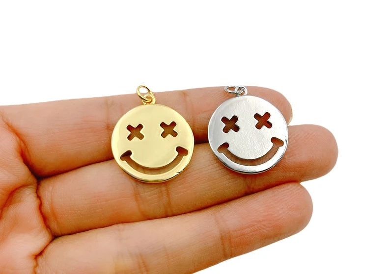 14K Gold Filled Happy Face Charm, Emoji Charm Gold Smile Charm Pendant White Gold Smiley Face Charms Necklace, CP1277