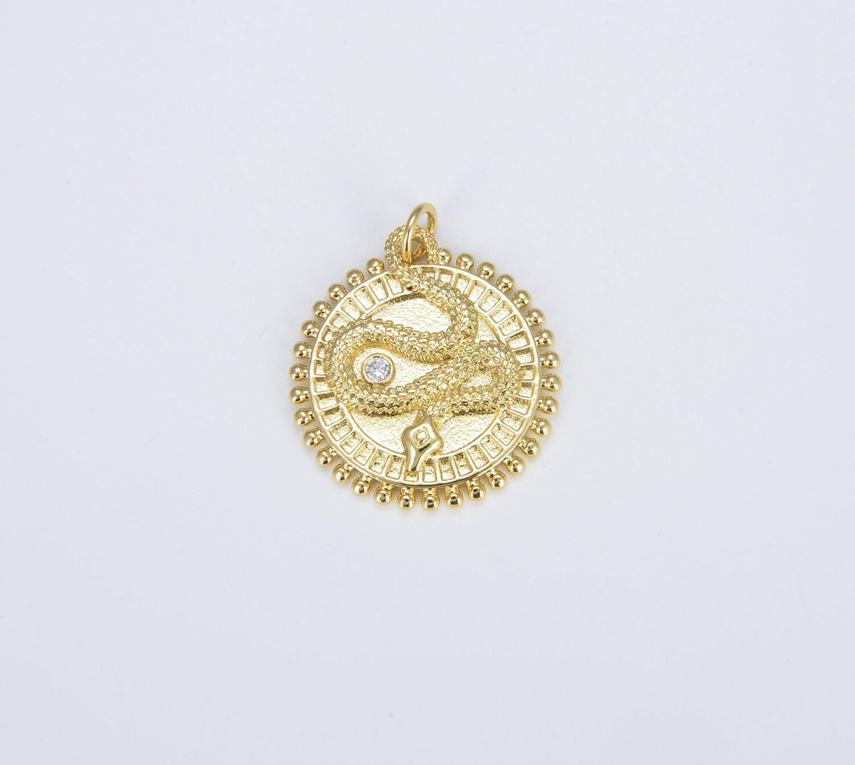 18K Gold Filled Snake Charm Gold Medallion Coin Pendant, 18mm Round Disc Micro Pave Serpent Snake Jewelry for Necklace Component, CP1307