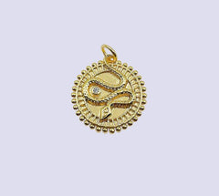 18K Gold Filled Snake Charm Gold Medallion Coin Pendant, 18mm Round Disc Micro Pave Serpent Snake Jewelry for Necklace Component, CP1307