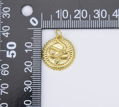 18K Gold Filled Snake Charm Gold Medallion Coin Pendant, 18mm Round Disc Micro Pave Serpent Snake Jewelry for Necklace Component, CP1307