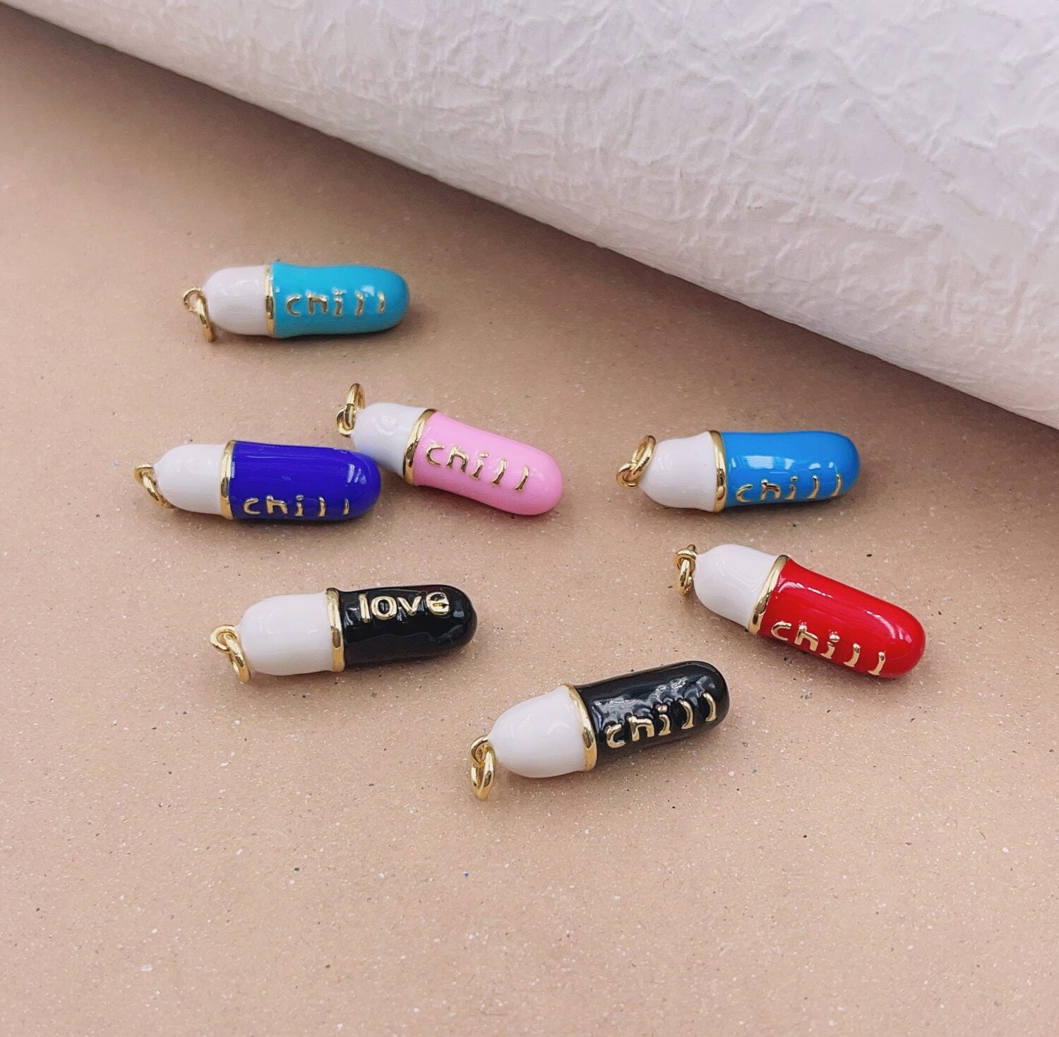 24K Gold Filled Colorful Enamel Pill Shape Pendant Charm, Chill | Love Word Enamel Jewelry for Bracelet Necklace Component Supply, CP1317