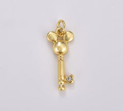 18K Gold Filled Mouse Head Key Charm, CZ Micro Pave Charm, Key Pendant for Necklace Bracelet Charm Component Supply, 24x9mm, CP1319